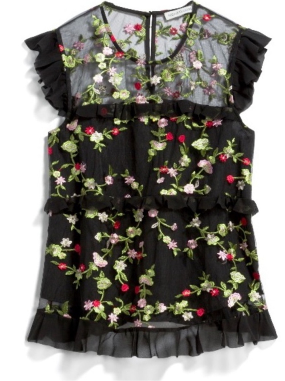 Heartloom Black Floral Embroidered Ruffle Mesh Tank